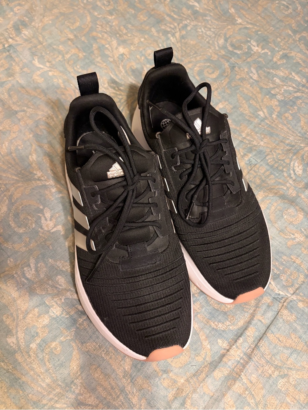 Adidas Black Athletic Shoes with White Stripes and Pink Accents